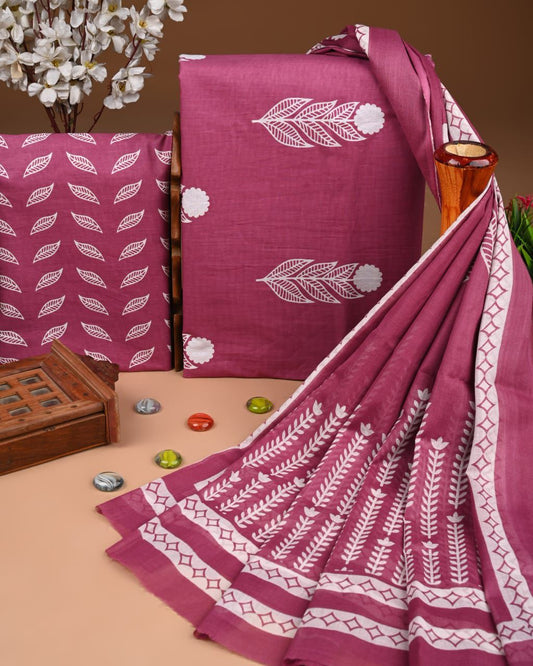 Designer Hand Block Print Cotton Suit Set with Mulmul Dupatta(WACOTMU174)