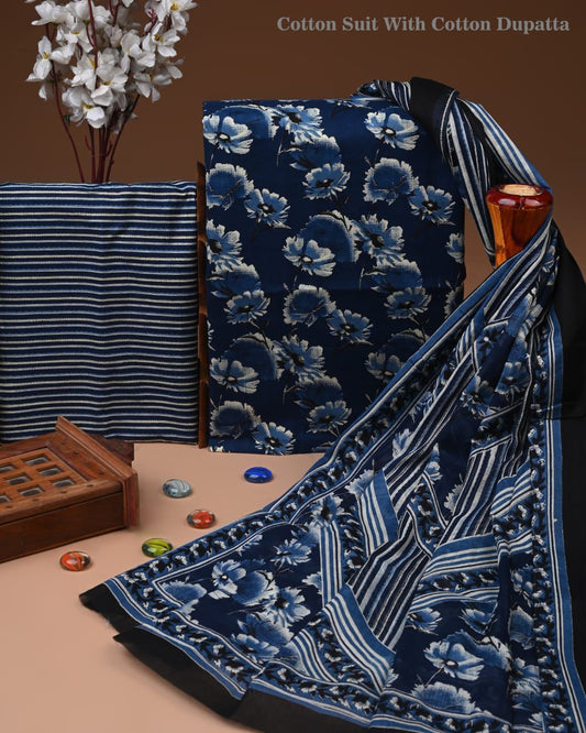 Designer Hand Block Print Cotton Suit Set with Mulmul Dupatta(WACOTMU175)
