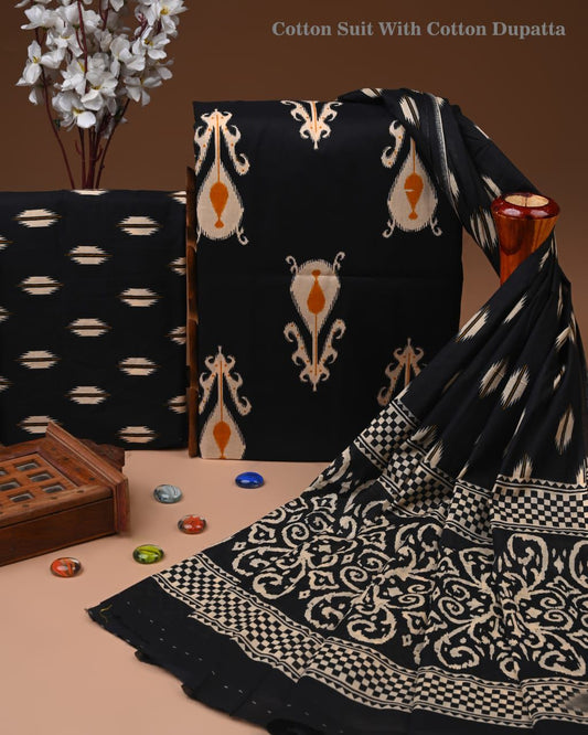 Designer Hand Block Print Cotton Suit Set with Mulmul Dupatta(WACOTMU177)