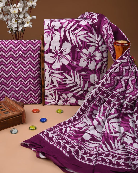 Designer Hand Block Print Cotton Suit Set with Mulmul Dupatta(WACOTMU176)