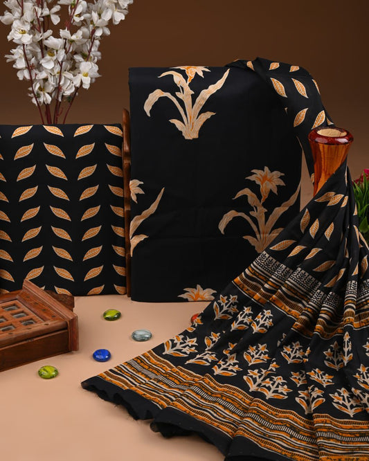 Designer Hand Block Print Cotton Suit Set with Mulmul Dupatta(WACOTMU178)