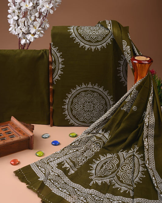 Designer Hand Block Print Cotton Suit Set with Mulmul Dupatta(WACOTMU179)