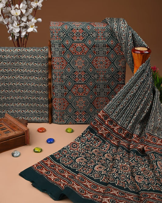 Designer Hand Block Print Cotton Suit Set with Mulmul Dupatta(WACOTMU180)