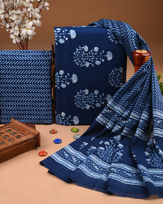 Designer Hand Block Print Cotton Suit Set with Mulmul Dupatta(WACOTMU182)