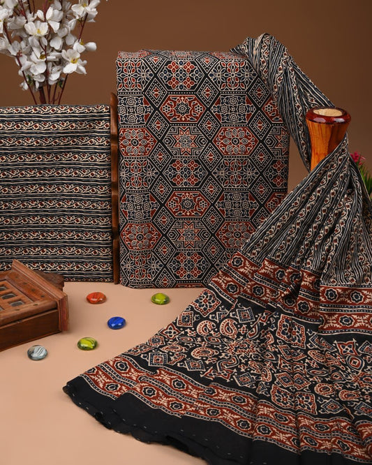 Designer Hand Block Print Cotton Suit Set with Mulmul Dupatta(WACOTMU184)