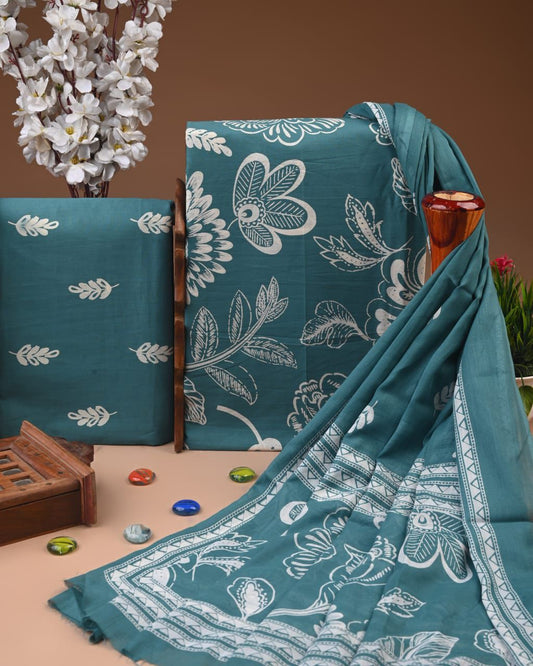 Designer Hand Block Print Cotton Suit Set with Mulmul Dupatta(WACOTMU185)
