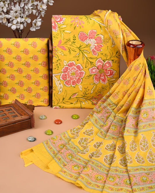 Designer Hand Block Print Cotton Suit Set with Mulmul Dupatta(WACOTMU186)