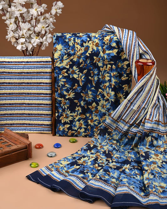 Designer Hand Block Print Cotton Suit Set with Mulmul Dupatta(WACOTMU187)