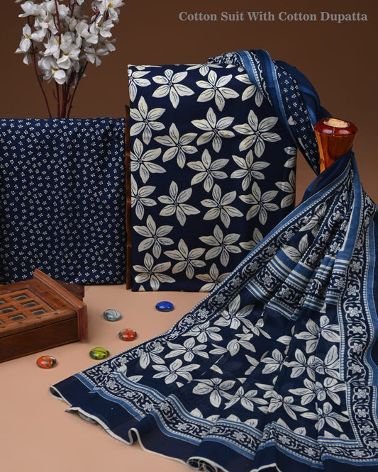 Designer Hand Block Print Cotton Suit Set with Mulmul Dupatta(WACOTMU188)