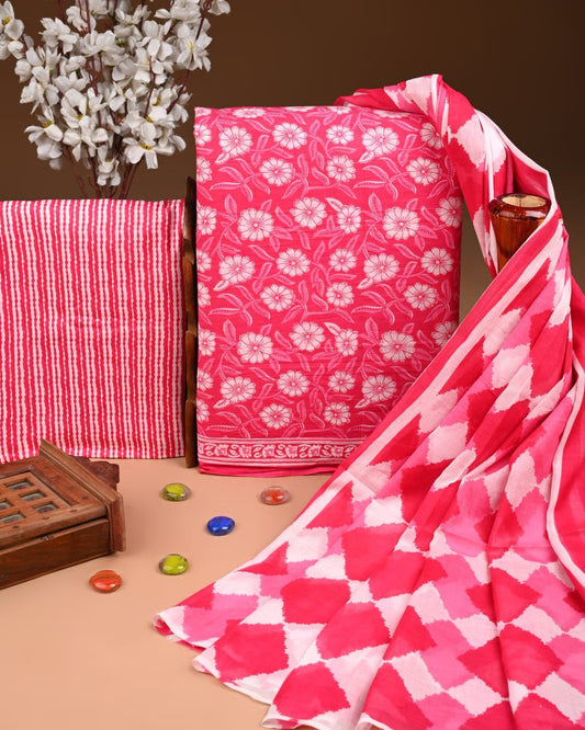 Designer Hand Block Print Cotton Suit Set with Mulmul Dupatta(WACOTMU193)