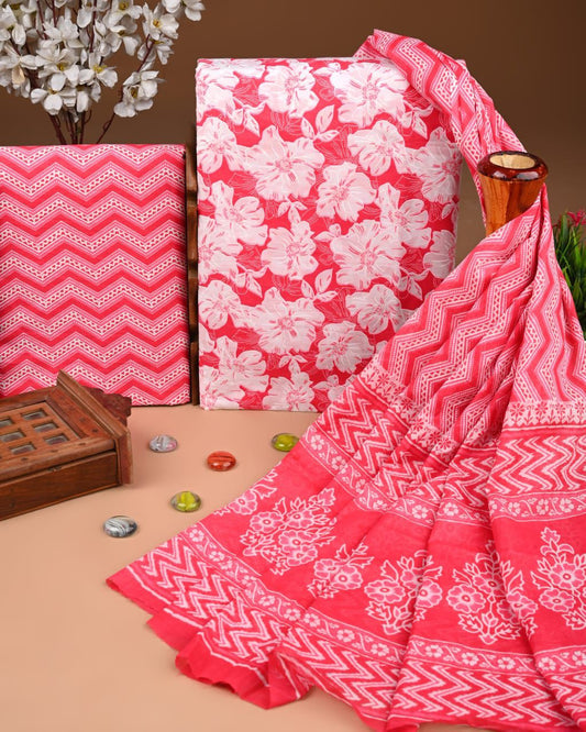 Designer Hand Block Print Cotton Suit Set with Mulmul Dupatta(WACOTMU192)