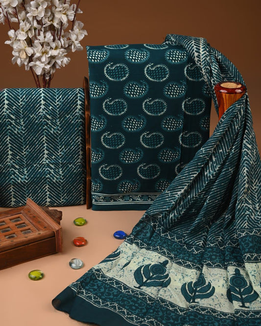Designer Hand Block Print Cotton Suit Set with Mulmul Dupatta(WACOTMU191)