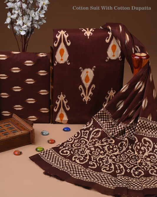 Designer Hand Block Print Cotton Suit Set with Mulmul Dupatta(WACOTMU190)
