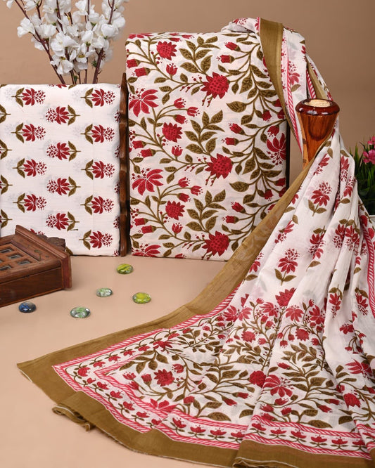 Designer Hand Block Print Cotton Suit Set with Mulmul Dupatta(WACOTMU189)