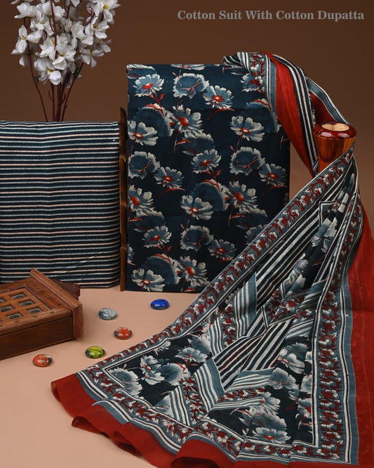 Designer Hand Block Print Cotton Suit Set with Mulmul Dupatta(WACOTMU194)