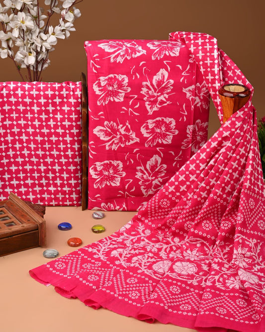 Designer Hand Block Print Cotton Suit Set with Mulmul Dupatta(WACOTMU195)