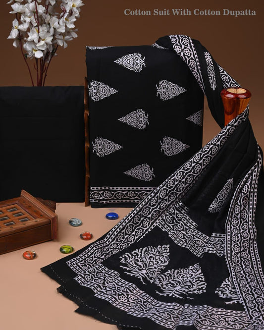 Designer Hand Block Print Cotton Suit Set with Mulmul Dupatta(WACOTMU196)