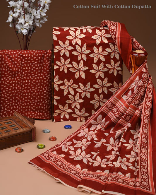 Designer Hand Block Print Cotton Suit Set with Mulmul Dupatta(WACOTMU197)