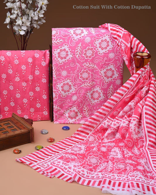 Designer Hand Block Print Cotton Suit Set with Mulmul Dupatta(WACOTMU198)