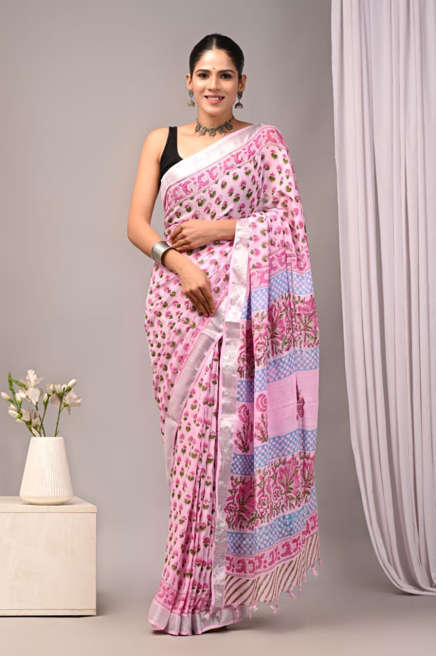 Hand Block Printed Linen Saree With Unstitched Blouse (SWSRLIL23)