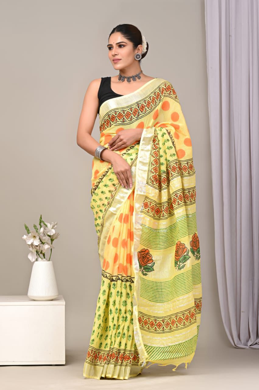 Hand Block Printed Linen Saree With Unstitched Blouse (SWSRLIL29