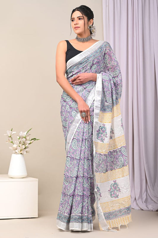 Hand Block Printed Linen Saree With Unstitched Blouse (SWSRLIL33)