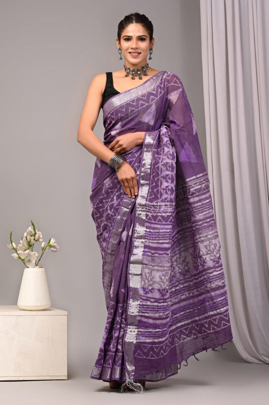 Hand Block Printed Linen Saree With Unstitched Blouse (SWSRLIL35)
