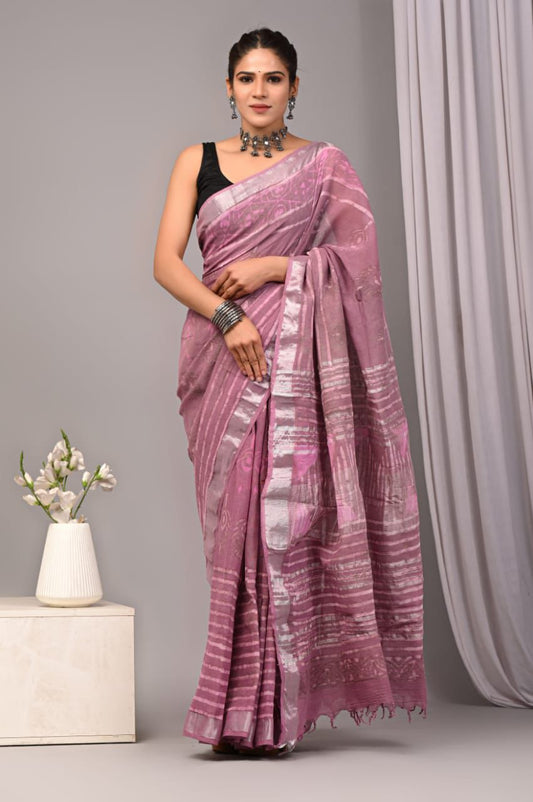 Hand Block Printed Linen Saree With Unstitched Blouse (SWSRLIL36)