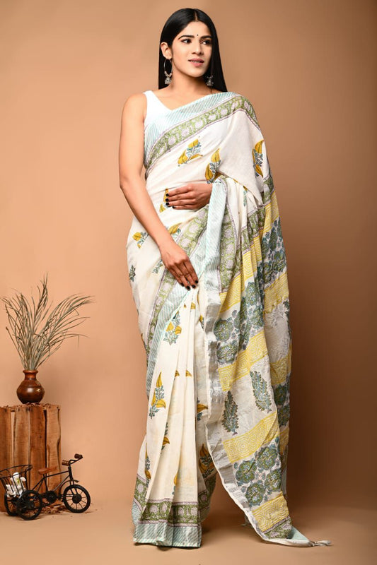Hand Block Printed Linen Saree With Unstitched Blouse (SWSRLIL40