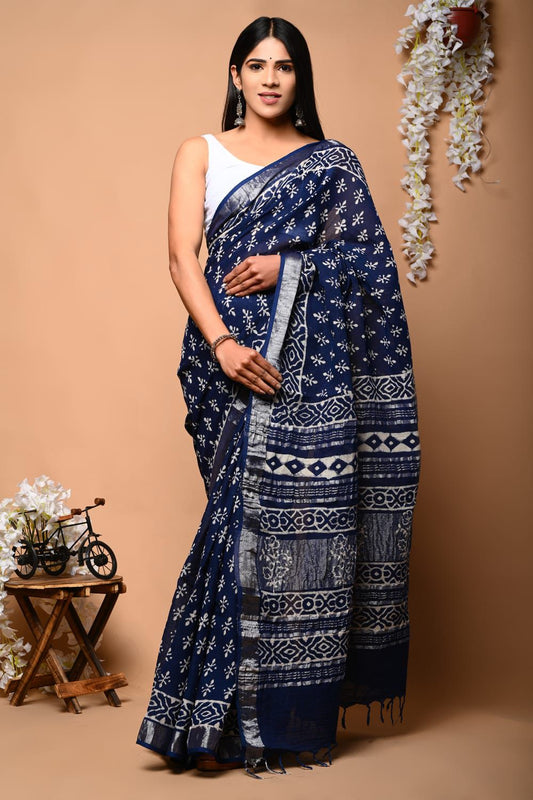 Hand Block Printed Linen Saree With Unstitched Blouse (SWSRLIL43)