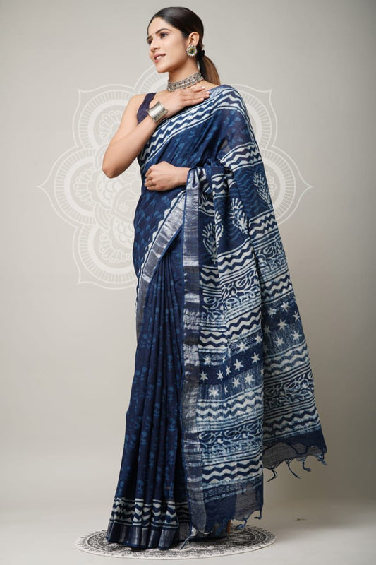 Hand Block Printed Linen Saree With Unstitched Blouse (SWSRLIL44)