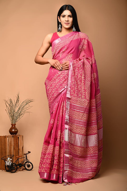 Hand Block Printed Linen Saree With Unstitched Blouse (SWSRLIL47)