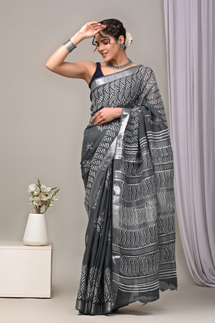 Hand Block Printed Linen Saree With Unstitched Blouse (SWSRLIL49)