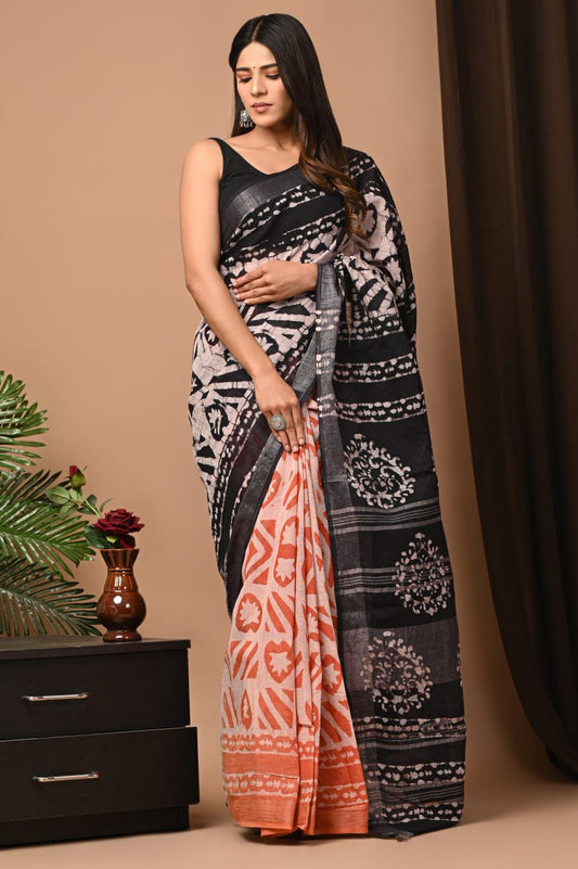 Hand Block Printed Linen Saree With Unstitched Blouse (SWSRLIL54)