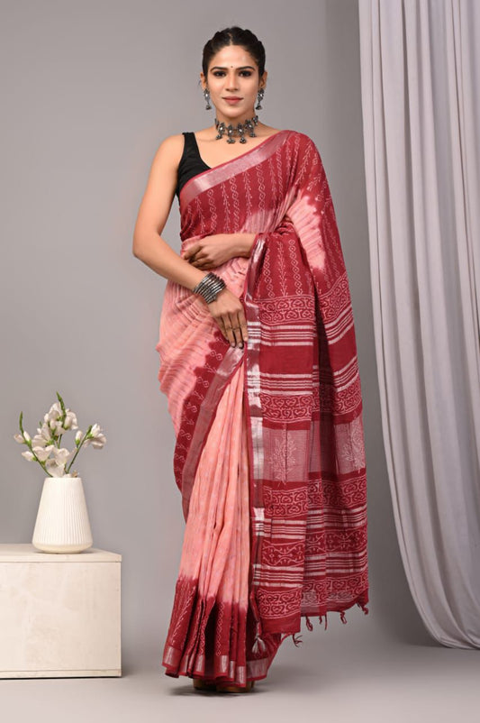 Hand Block Printed Linen Saree With Unstitched Blouse (SWSRLIL62)