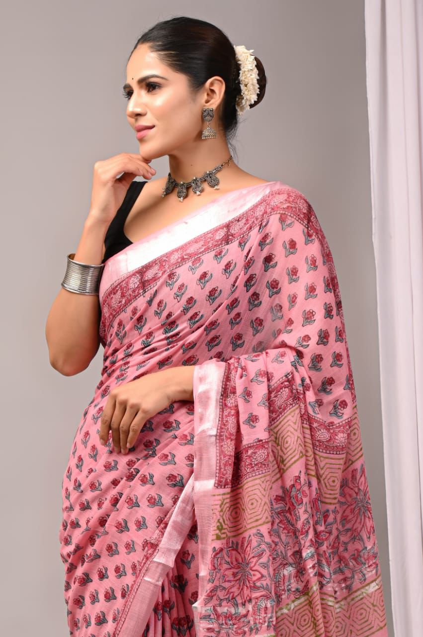 Hand Block Printed Linen Saree With Unstitched Blouse (SWSRLIL21)