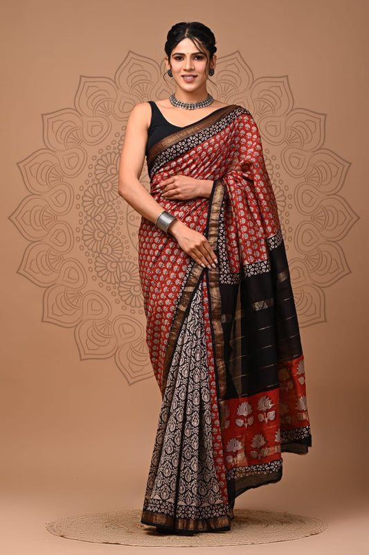 Exclusive Hand Block Printed Maheshwari Silk Saree (SWSRMAH06)