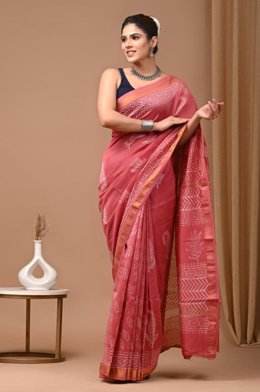 Exclusive Hand Block Printed Maheshwari Silk Saree (SWSRMAH05)