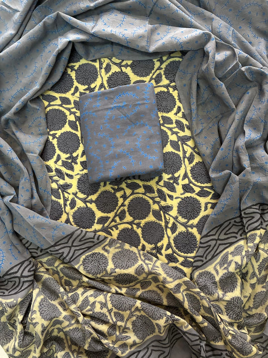 ELEGANT HAND BLOCK PRINT COTTON SUIT SET WITH MULMUL DUPATTA(WACOTMU01)