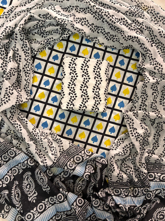 ELEGANT HAND BLOCK PRINT COTTON SUIT SET WITH MULMUL DUPATTA(WACOTMU02)
