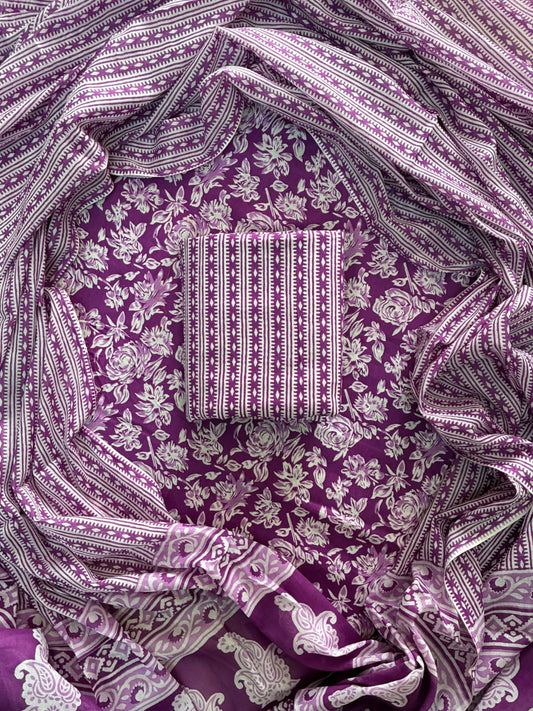 ELEGANT HAND BLOCK PRINT COTTON SUIT SET WITH MULMUL DUPATTA(WACOTMU08)
