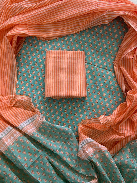 ELEGANT HAND BLOCK PRINT COTTON SUIT SET WITH MULMUL DUPATTA(WACOTMU09)
