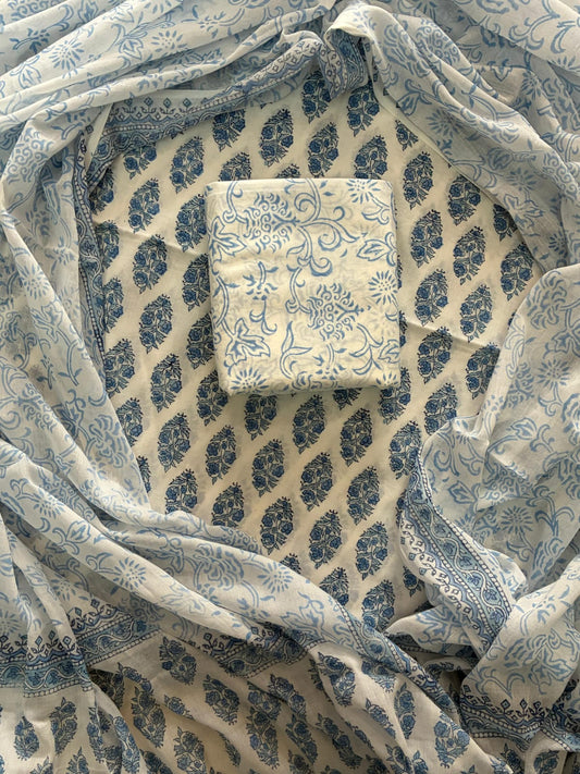 ELEGANT HAND BLOCK PRINT COTTON SUIT SET WITH MULMUL DUPATTA(WACOTMU12)