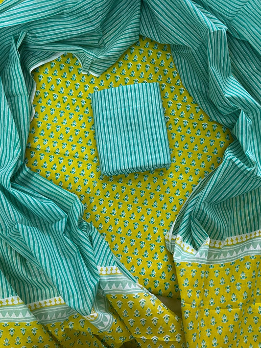 ELEGANT HAND BLOCK PRINT COTTON SUIT SET WITH MULMUL DUPATTA(WACOTMU13)