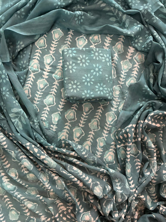 ELEGANT HAND BLOCK PRINT COTTON SUIT SET WITH MULMUL DUPATTA(WACOTMU16)