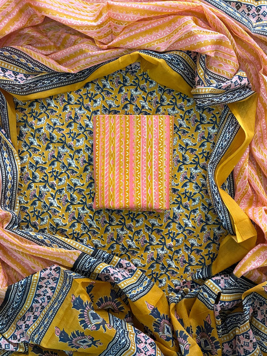 ELEGANT HAND BLOCK PRINT COTTON SUIT SET WITH MULMUL DUPATTA(WACOTMU23)