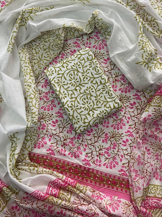 ELEGANT HAND BLOCK PRINT COTTON SUIT SET WITH MULMUL DUPATTA(WACOTMU22)