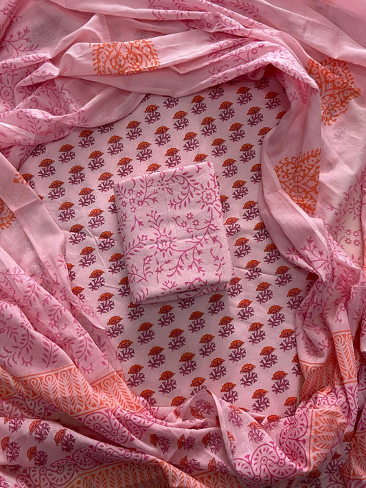 ELEGANT HAND BLOCK PRINT COTTON SUIT SET WITH MULMUL DUPATTA(WACOTMU27)