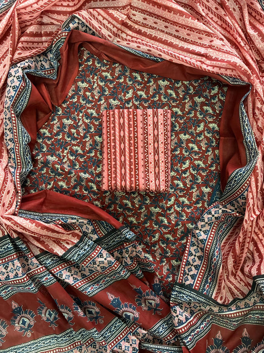 ELEGANT HAND BLOCK PRINT COTTON SUIT SET WITH MULMUL DUPATTA(WACOTMU28)