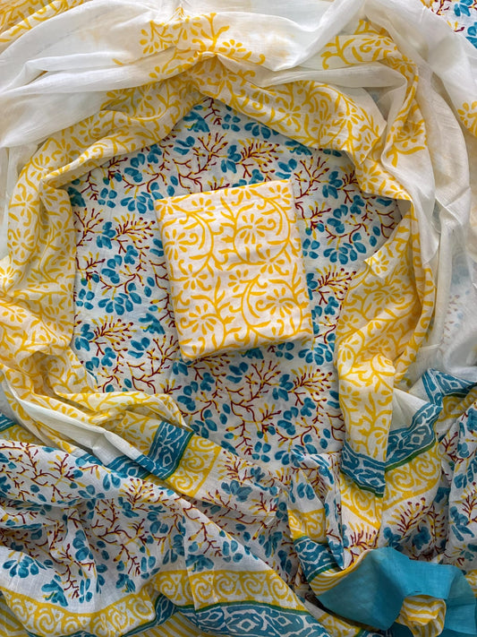 ELEGANT HAND BLOCK PRINT COTTON SUIT SET WITH MULMUL DUPATTA(WACOTMU34)